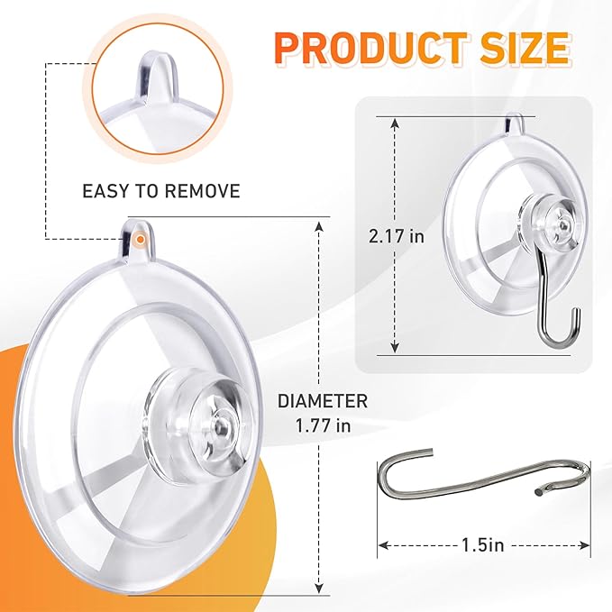 KORCCI Suction Cup Hooks 16Pack - Max Load 10LB, 1.77Inch Clear Medium Suction Cups, No Trace, Reusable & Removable, Stainless Steel Hooks, for Tile, Glass, Window, Shower, Kitchen, Bathroom