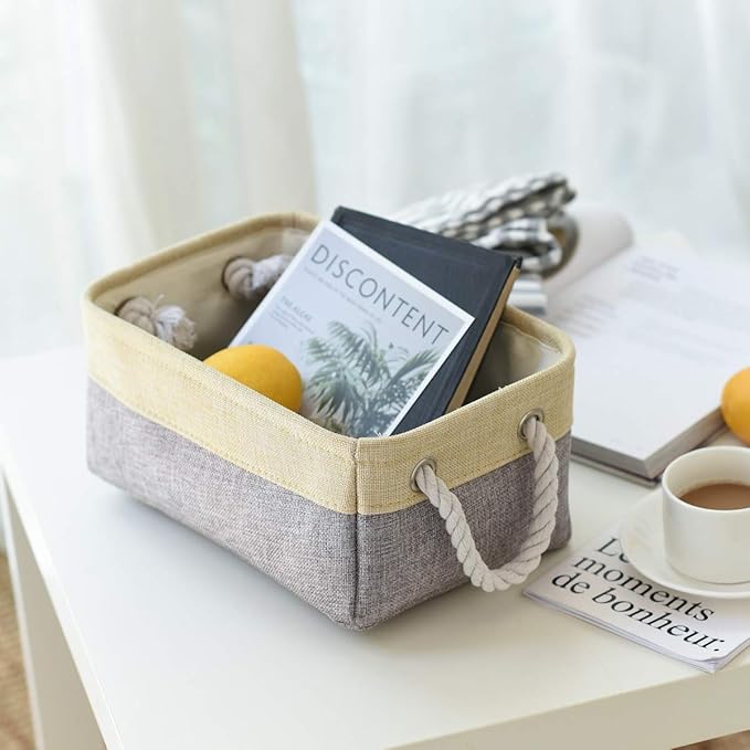Sacyic Fabric Storage Baskets for Organizing (6 Pack) Small Baskets for Shelves, Storage, Laundry, Nursery, Closets, Decorative Baskets for Gifts Empty (Grey & Gold, 11.8” x 7.8” x 5.1”)