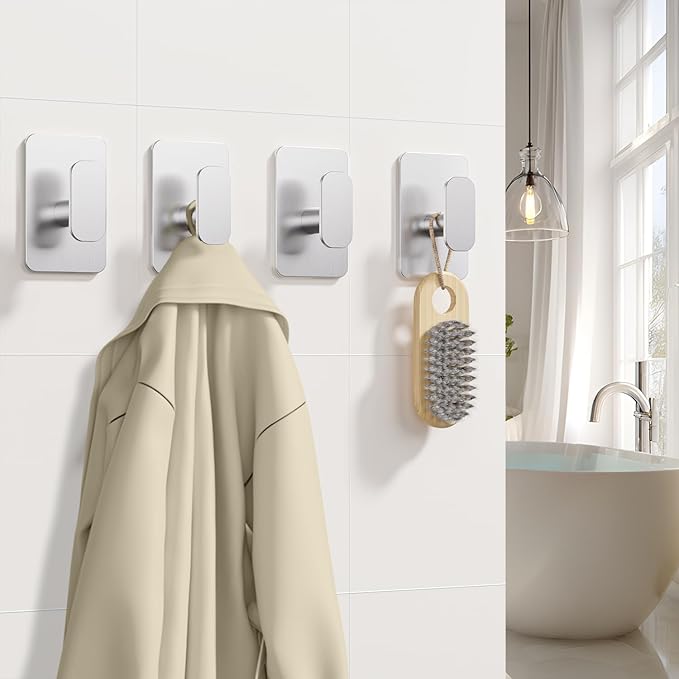 Heavy Duty Self Adhesive Hooks - 26lb Max, Sticky Wall Hooks Stainless Steel for Hanging Towel, Coat, Robe, Waterproof & Rustproof Hooks Stick on Bathroom, Shower, Kitchen(Silver, 4 Pack)