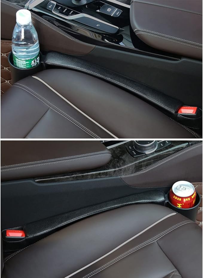 Tumecos Car Seat Gap Filler Pad PU Leather Console Side Pocket Organizer with One Cup Holder for Cell Phone, Wallet, Coin, Key, 2 Pcs (Black+Black Surface)