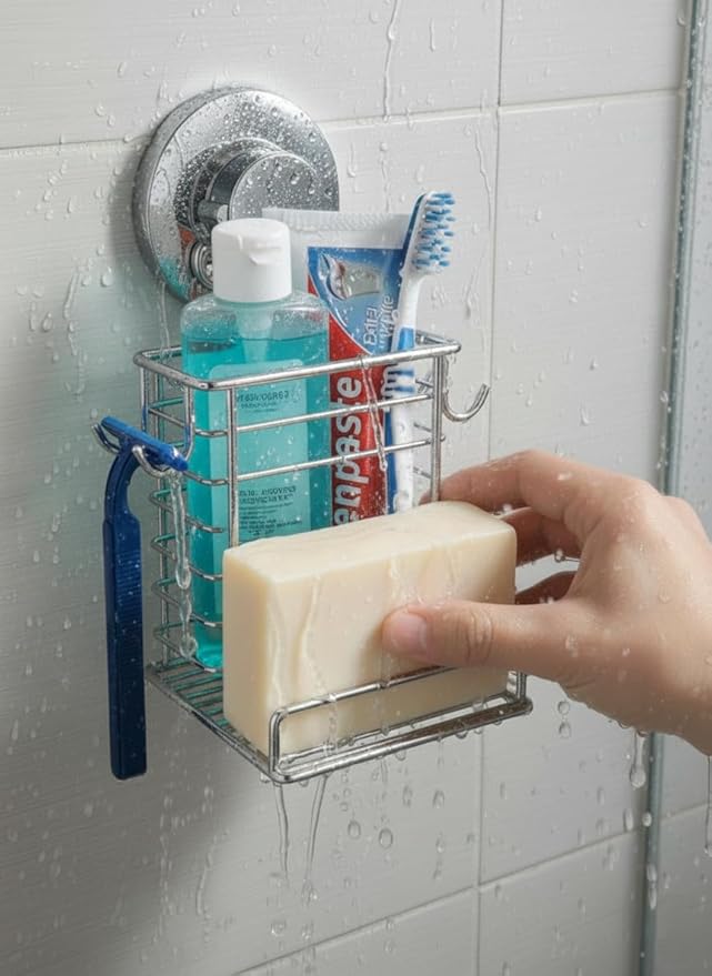 Toothbrush Holder Suction Cup Wall Mounted Toothpaste and Toothbrushes Holder Shelf for Soap Dish or Phone Powerful Vacuum System Rustproof Stainless Steel Organizer Electric Toothbrush (Silver)