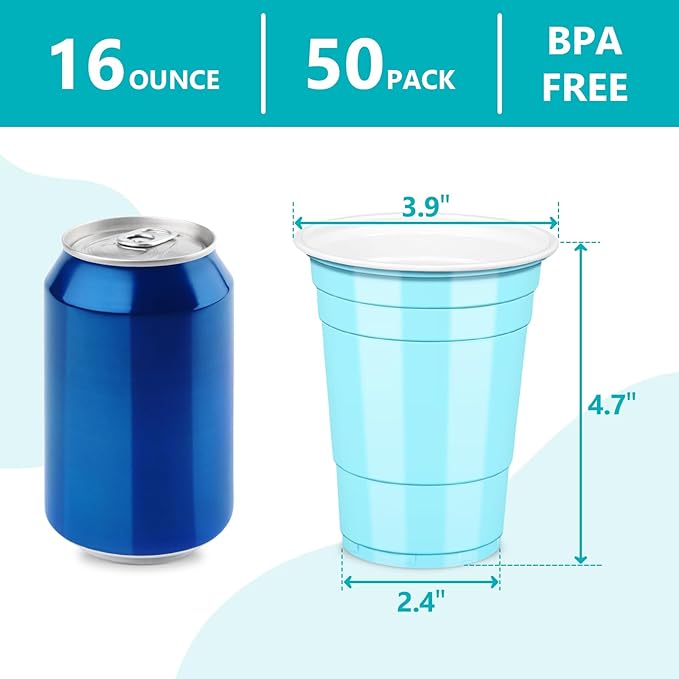 LANLISA 50 Light Blue Plastic Cups, 16 oz Disposable Cups, Drinking Cups For Birthday Party, Baby Shower, Easter