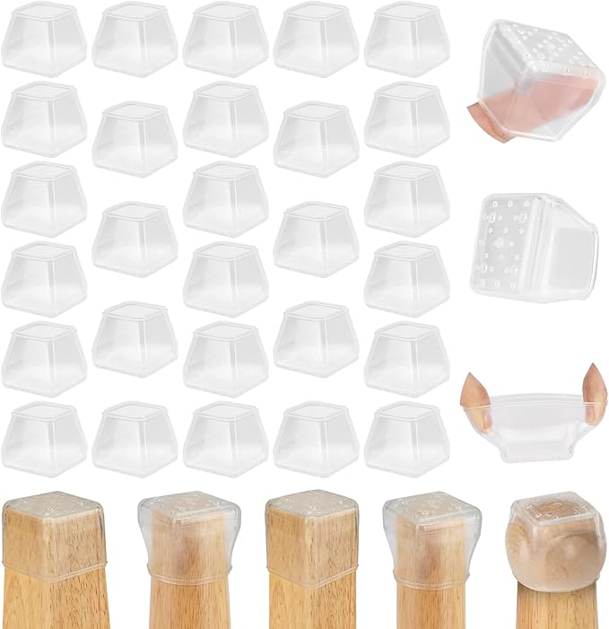 28Pcs Square Chair Leg Floor Protectors, Silicone Chair Feet Caps to Protect Carpets and Felt Pads Furniture Leg Caps Covers from Scratches and Noise(Clear, Small Fit:0.76"-1.02")