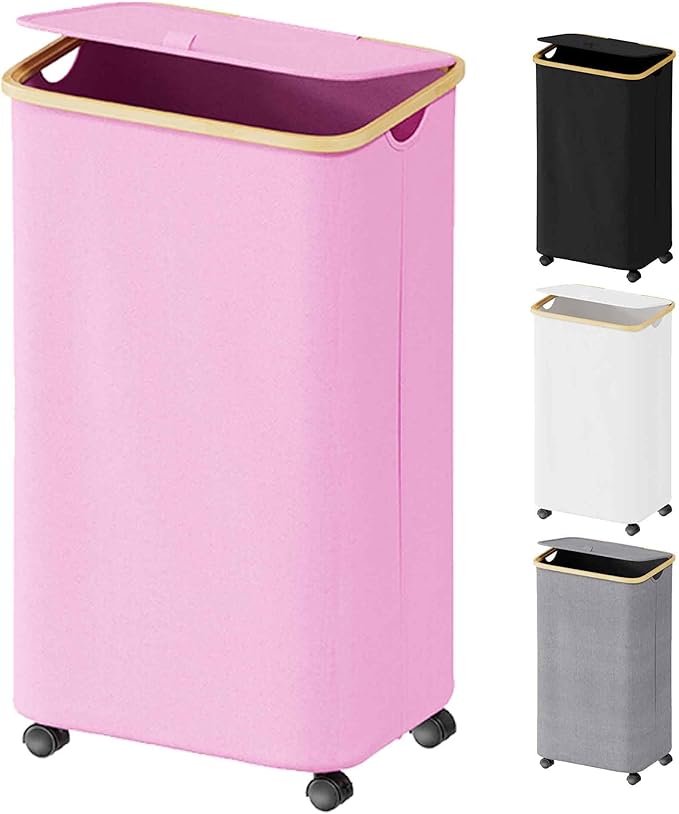 SUOCO Laundry Hamper on Wheels 100L, Clothes Basket with Lid and Bamboo Handles, Foldable Laundry Hamper for Bedroom, Bathroom, Dorm, Laundry Room - Pink