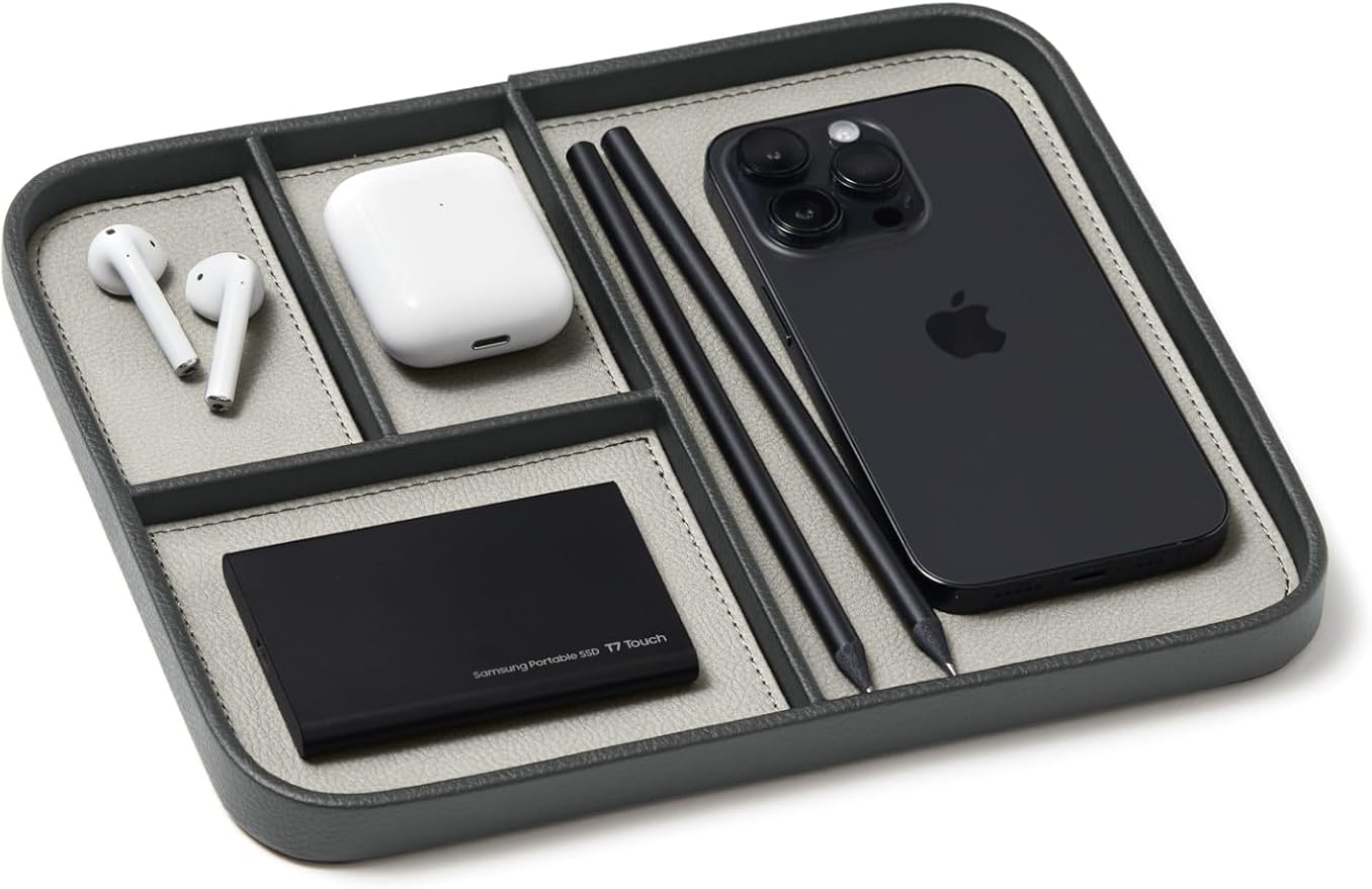 Nordik Leather Valet Tray - Sahara Gray - Premium Vegan Leather Stylish and Organised Nightstand Tray for Men - EDC Catchall Tray for Keys, Watch, Wallet, Jewellery - Modern Bedside Caddy