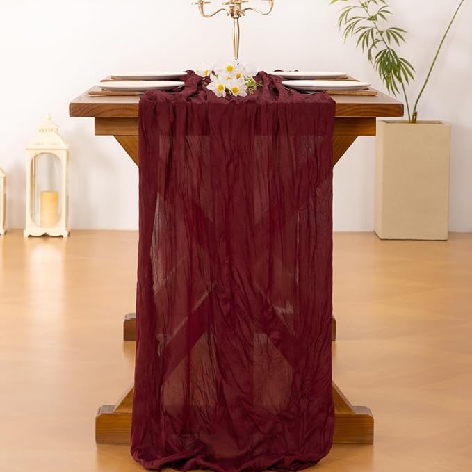 Socomi Burgundy Red Summer Table Runner Cheesecloth Boho Rustic Gauze 120 inch 10FT Cheese Cloth Sheer Runner for Wedding Party Baby Shower Birthday Home Decor Holiday Decorations