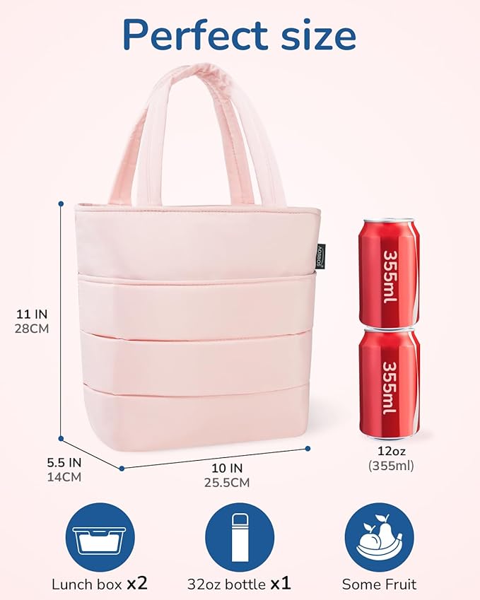 Aosbos Quilted Lunch Bag - Leakproof Puffer Insulated Tote, Lunch Box for Women, Work, Office, Picnic, Pink