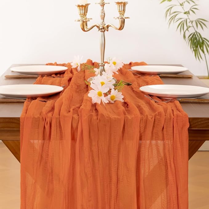 Socomi 10pcs Orange Summer Cheesecloth Table Runner Boho Rustic Gauze 120 inch 10FT Cheese Cloth Sheer Runner for Wedding Party Baby Shower Birthday Home Decor Holiday Decorations