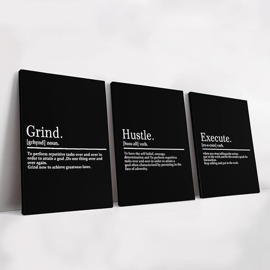 KAWAHONE Framed Motivational Entrepreneur Poster, Grind Hustle Execution Inspirational Wall Art Success and Positive Quotes Motivational Poster for Home Living Room Bedroom Office Decor Ready to Hang