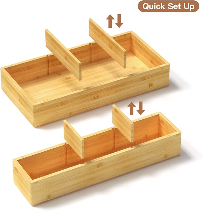 DUJEN Bamboo Drawer Organizer 12.5'' X 12.5'' X 2'', Adjustable 3 Individual Junk Drawer organizer for Bathroom and Kitchen, Wood Drawer Tea Organier Boxes for Silverware, Make up and Tea Bag