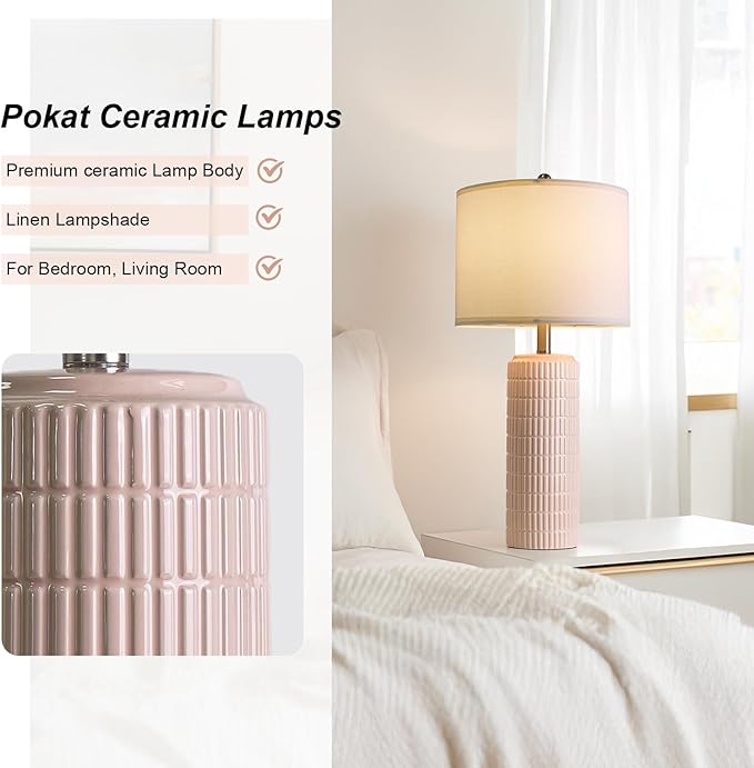 PoKat 27.5" Pink Ceramic Table Lamps for Girls Room Set of 2, Modern Bedroom Lamps, Bedside Lamps for Night Stands Living Room, Cute Lamps Pink Decor, Nightstands Desk Nursery