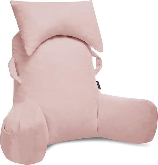 Portable Reading Pillows with Headrest for Bed Sitting Up(Pink Oeko-Tex), Velvet Back Pillow with Arms & Pockets for Adults, Support Memory Foam Bed Pillow for Dorm/Reading/Watching/Gaming