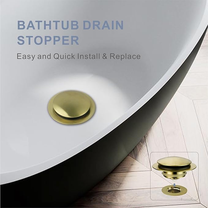 Gold Brushed Tub Drain Stopper, Universal Pop Up Bath Drain Plug Bathtub Drain Stopper, Hidrop Conversion Kit Assembly, Replaces Lift and Turn, Tip-Toe Plug Stopper for Tub, EZ Install (Gold Brushed)