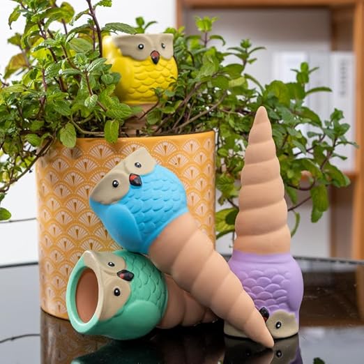 Qinsuikai 4 Pack Plant Watering Devices, Animal Shape Terracotta Watering Spikes, Vacation Self Watering Planter Insert, Automatic Plant Waterer for Indoor Outdoor Plants (Owl-Grey Eye)