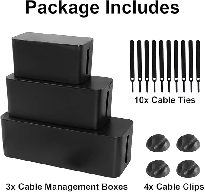 DUNCHATY 3 Pack Cable Organizer Box with Large, Medium, Small Cord Hider Box, Safe ABS Material for Covering and Hiding TV Wires, Computer, Router, USB Hub, and Under Desk Power Strips & Cords