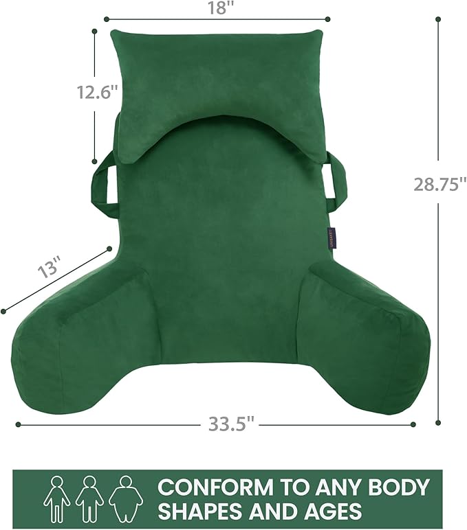 Portable Reading Pillows with Headrest for Bed Sitting Up(Green Oeko-Tex), Velvet Back Pillow with Arms & Pockets for Adults, Support Memory Foam Bed Pillow for Dorm/Reading/Watching/Gaming