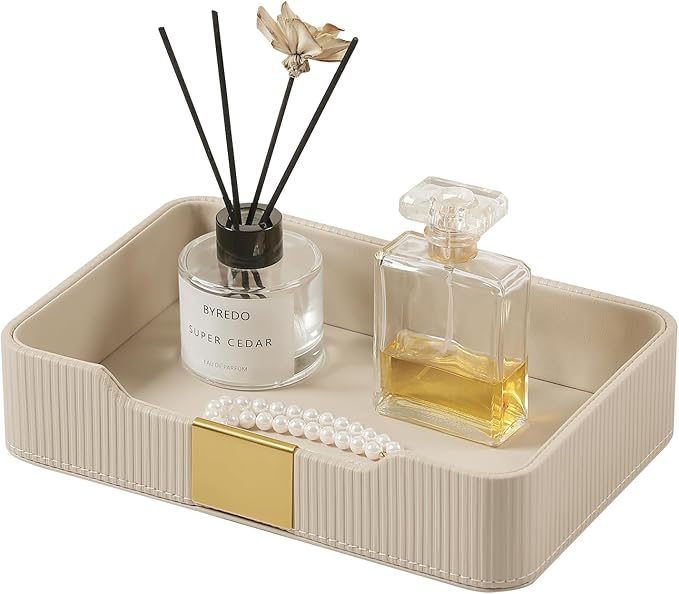 Valet Tray Desktop Storage Organizer, PU Leather Catchall Bedside Vanity Tray with Brass Accents Block Nightstand Organizer for Keys Watch Wallet Phone, Decorative Nightstand Storage (Beige)