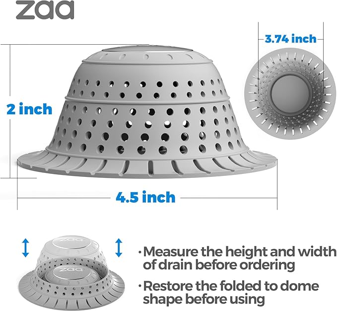zaa Bathtub Drain Hair Catcher, Premium Silicone Shower Hair Catcher, 1Pack Collapsible Hair Stopper for Pop Up and Regular Drains of Shower, Bathtub, Bathroom Sink, Bathroom Fixture Accessories, Gray