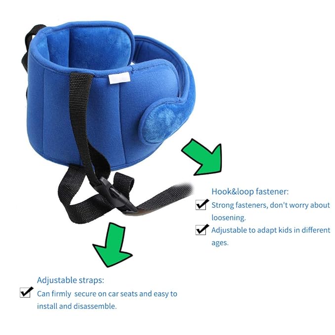 Adjustable Toddler Car Seat Head Support Band, Car Seat Straps Cover, Safety Car Seat Neck Relief, Infants and Baby Head Support, Blue