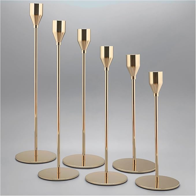 6Pcs French Gold Candlestick Holders Set Fit 3/4" Tall Taper Candle Home Decorative Table Centerpieces for Family Dinning, Party Decoration