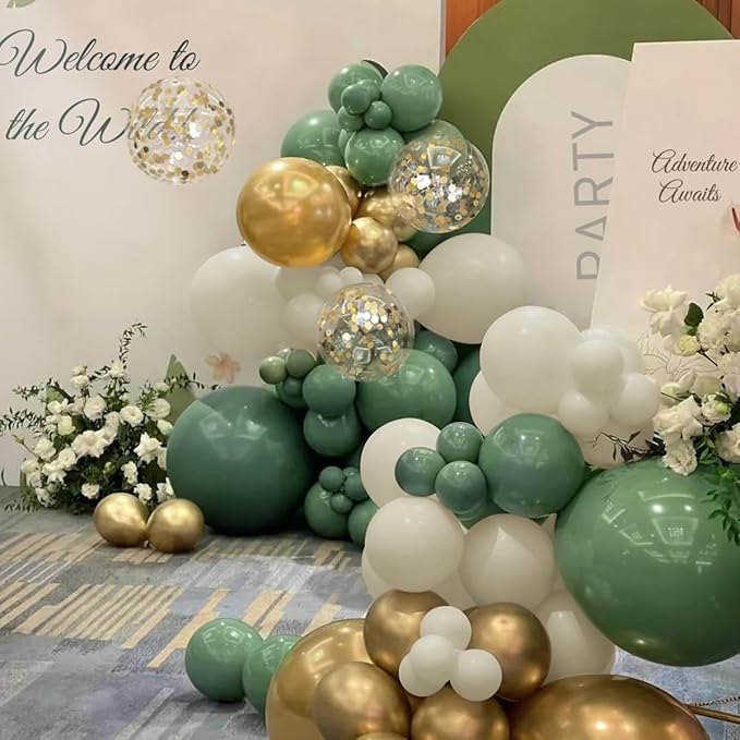 MEBAY Sage Green White Gold Balloon Arch Kit, 166Pcs Sage Green White Sand Gold Metallic and Gold Confetti Balloons Garland for Baby Shower Gender Reveal Wedding Jungle Safari Party Decoration