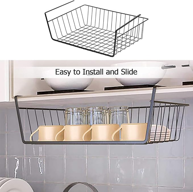 Dveda 4 Pack Under Shelf Basket, Under Cabinet Organizer Shelf, Durable Metal Wire Rack Hanging Basket Storage Rack, Shelf Organizing for Kitchen/Pantry/Bathroom/Desk-Slide Arms Height:1.45in(Black)