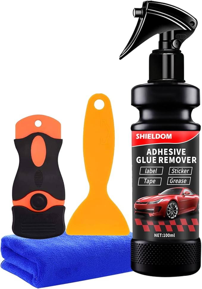 SHIELDOM Adhesive Remover, Dissolve & Soften Adhesives on Car Glass & Paint, Easily Remove Glue Sticker Labels Decals Tape Residue, Portable Spray Removal Set with Scraper, Spatula, Towel -3.4oz/100ml