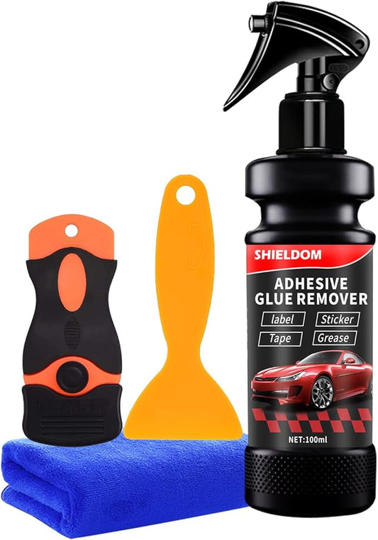 SHIELDOM Adhesive Remover, Dissolve & Soften Adhesives on Car Glass & Paint, Easily Remove Glue Sticker Labels Decals Tape Residue, Portable Spray Removal Set with Scraper, Spatula, Towel -3.4oz/100ml