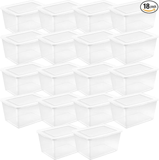 Sterilite 18 Pack Storage Boxes, Clear Plastic Stackable Containers, Lightweight Home Organizers with Snap Lids, 58 Quart, White