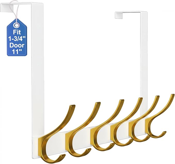 Large Over The Door Hooks, Sturdy Door Hanger with 12 Hooks, Door Towel Rack for Bathroom, Bedroom, Kitchen, Coat Rack for Hanging, Easy to Install (White Gold)