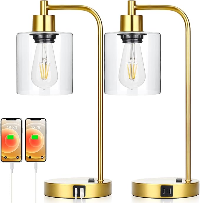 Industrial Touch Control Table Lamps Set of 2 - Gold Nightstand Bedside Lamps with 2 USB Ports & AC Outlet, 3-Way Dimmable Desk Lamp for Bedroom Living Room, Glass Shade & 2 LED Bulbs Included