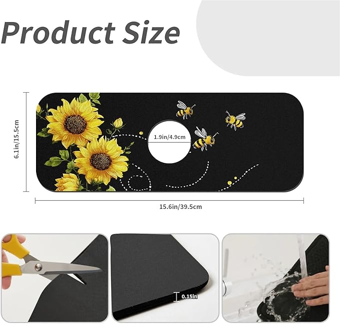 Kitchen Sink Splash Guard，sunflowers-and bees- Faucet Mat Sink Gadgets-Super Absorbent Fast Drying Mat Drip Catcher for Kitchen, Bathroom,Sink Mat, Dish Drying Mat, Bathroom(15" X 5.5" )