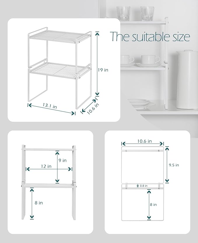 Shantton 2 Pack Kitchen Cabinet Shelf Counter Organizer Rack Pantry Storage Bathroom Bedroom Office Table Desk Space Saving Stackable Rust Resistant Non Slip White Tall Wide L13.1in W10.6in H9.5in