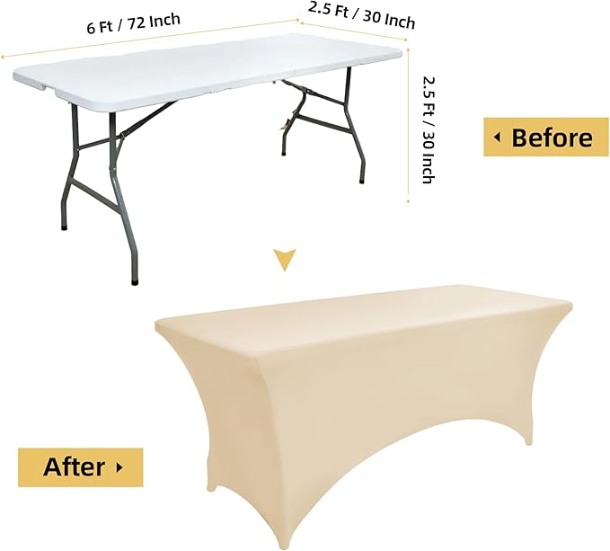 ZarzaaSik 6-Pack 6ft Spandex Table Covers for Rectangle Standard Folding Tables - Wrinkle Resistant Stretch Tablecloths - Ultimate Fitted Table Protector for Parties, Trade Shows, Wedding