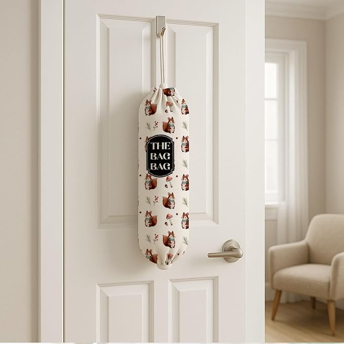 The Bag Bag Grocery Bags Holder, Cute Squirrel Grocery Bags Holder Organizer for Shopping Sack, Reusable Hanging Trash Sacks Dispenser, Wall Mount Plastic Sack Storage Container Dispensers