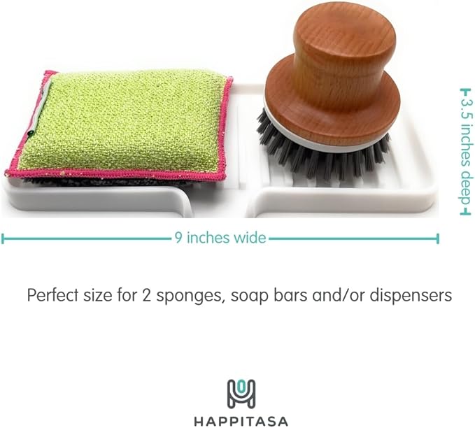 Happitasa Silicone Soap Dish Tray and Sponge Holder with Drain Chute | Bathroom and Kitchen Sink Organizer Caddy (Sand Dollar, 9"x3.5", 5.6 Ounces)