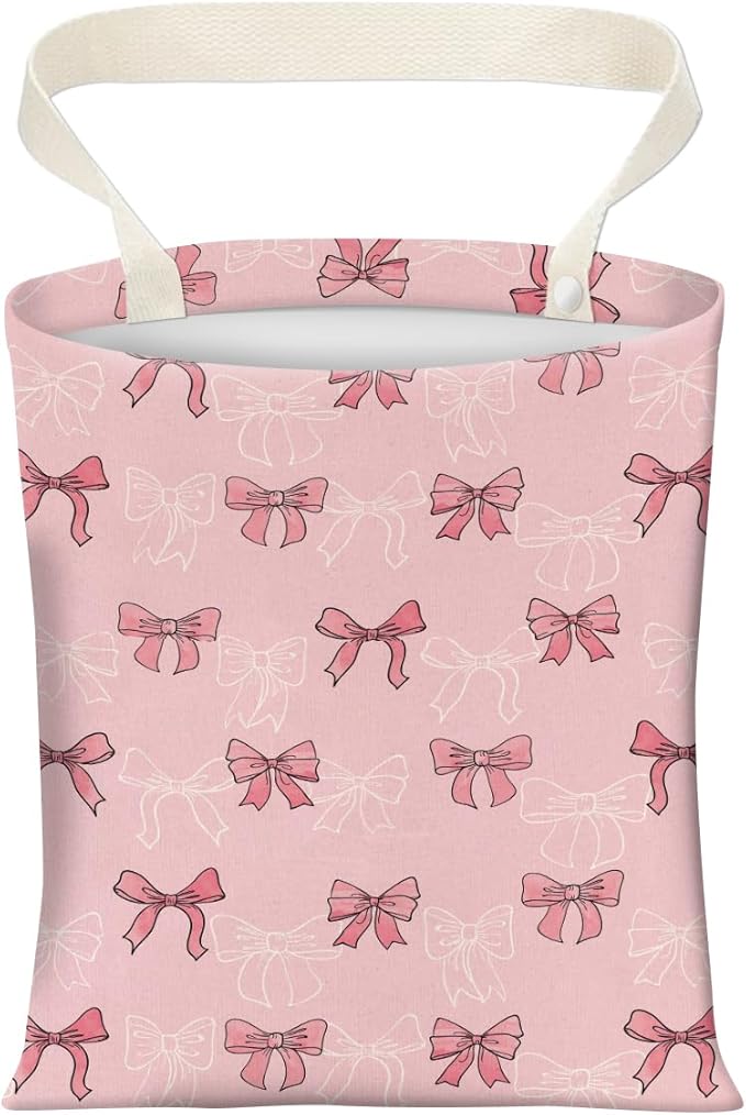 Cute Car Trash Can, Hanging Canvas Car Back Seat Organizer and Storage Bag, Funny Car Trash Bag for Travelling, Outdoor Cute Pink White Bow