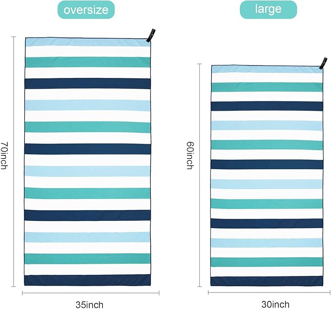 Exclusivo Mezcla Large Microfiber Quick Dry Beach Towel, Lightweight Sand-Free Cabana Stripe Pool Travel Camping Towel with Bag (Green, 30x60 Inches)