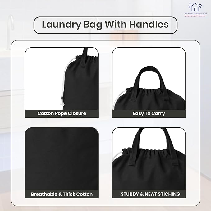 LFH Home Large Premium Cotton Canvas Laundry Bag with Drawstring and Handles Heavy Duty, Multi-Use, and Washable for Home, Travel, College or Storage 24x36 (Pack of 4)-Black