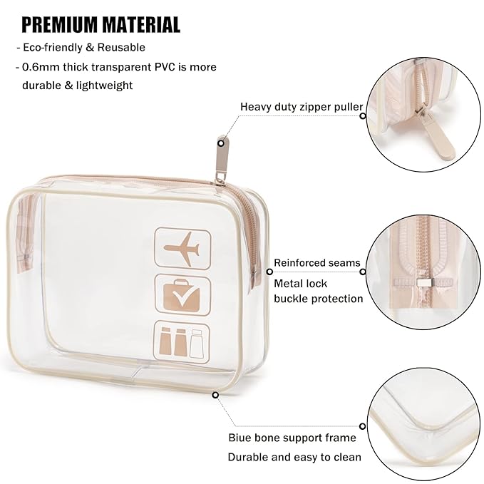 MODENGKONGJIAN TSA Approved Toiletry Bag, 3 Pcs Clear Toiletry Bags Quart Size Travel Makeup Cosmetic Bag for Women Men, Carry-on Airport Airline Compliant Bag (Flesh Pink)