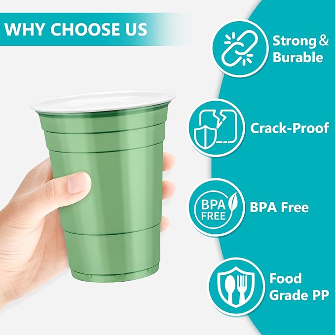 LANLISA 100 Sage Green Plastic Cups, 16 oz Disposable Cups, Drinking Cups For Birthday Party, Baby Shower, Easter Party