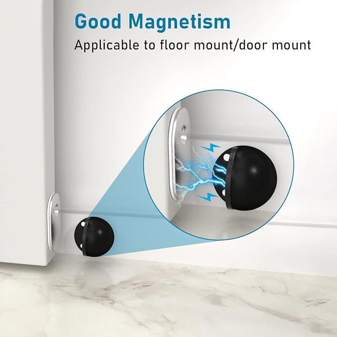 Magnetic Door Stop, Stoppers for Bottom of Door, Self Adhesive No Drill, Floor Doorstops Stainless Steel Door Catch Holder Wall Protector, Black, 4 Pack