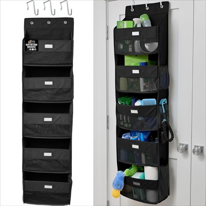 GORILLA GRIP Large Capacity Closet Organizer, 5 Deep Shelves, Holds 50lbs, Over the Door Organizers 6 Mesh Pockets, Shelf Storage for Clothes Crafts Dorm Essentials, 3 Metal Hooks, 58x15 Inches, Black