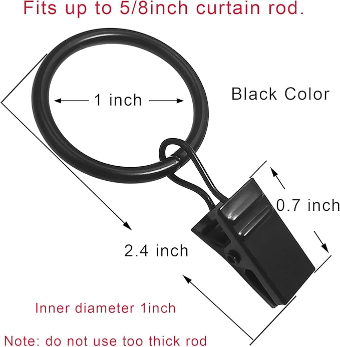 100 Pack Curtain Rings with Clips, Curtain Clip Rings Hooks, Bow Hanger Clips for Hanging Drapery Drapes Bows, Ring 1 inch Interior Diameter, Fits up to 5/8" Rod, Black