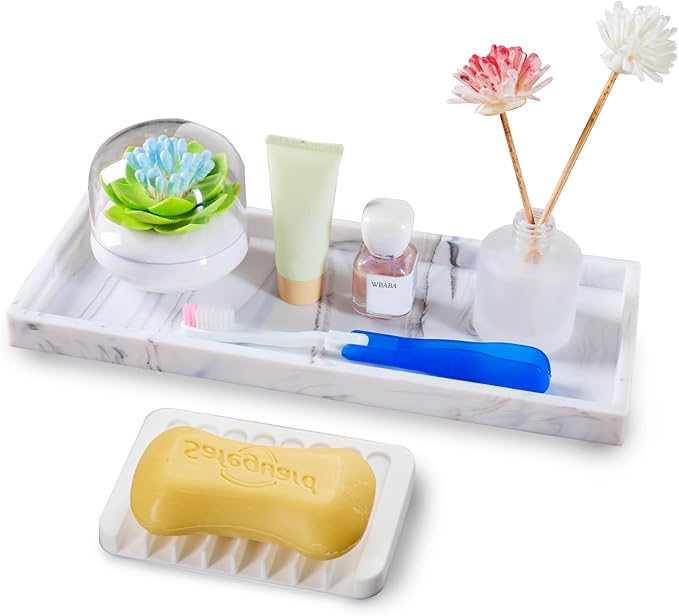 Bloss Bathroom Vanity Tray with Soap Dish Holder - 11.8" Silicone Counter Trays for Kitchen, Bathroom, Toilet, Perfume, Jewelry, Candle, Key, Dresser
