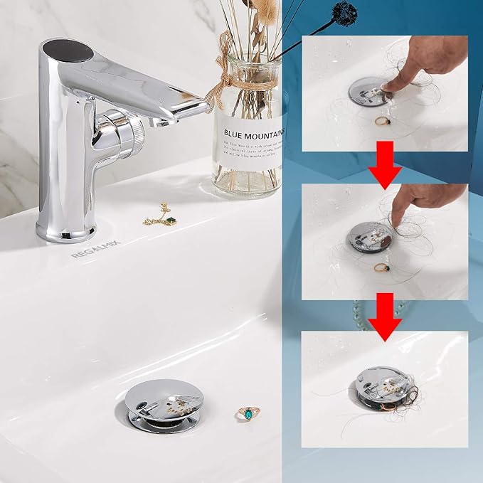 Bathroom Sink Drain, Vessel Sink Pop Up Drain with Detachable Basket Stopper, Anti-Explosion and Anti-Clogging Drain Strainer, Sink Drain Assembly Without Overflow Polished Chrome, REGALMIX RWF082A