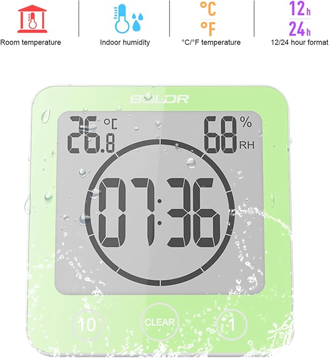 Digital Bathroom Shower Wall Clock Timer, LCD Digital Wall Clock with Suction Waterproof Temperature Humidity Gauge, Touch Screen Timer, Large Countdown Visual Timer Hanging Wall Clock (Green)