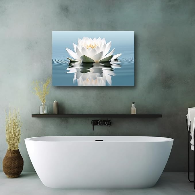 LZIMU Zen Canvas Wall Art White Lotus Flower Bloom in Water Picture Prints Teal Blue Artwork Bathroom Decor Framed for Yoga Spa Meditation Room (Zen-3, 28"x42")