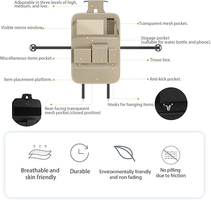 GMQ Back Seat Car Organizer 1 Pack, Backseat Organizer with Tray, Multifunctional Car Seat Back Storage Box with Foldable Tablet Holder (Beige, Plain weave)