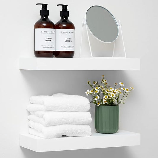 Homeforia White Floating Shelves 16 inch, High End Solid Real Wood 16inch Bathroom Floating Shelf for Wall Mounted, White Wooden 16 Floating Shelves, Heavy Duty Bracket, 16 X 6.5 X 1.75 inch, Set of 2